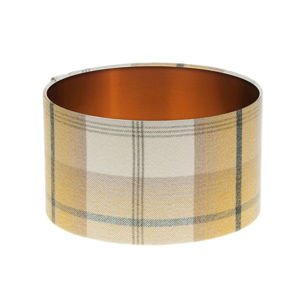 Balmoral Ochre Tartan Drum Lampshade Brushed Copper Inner