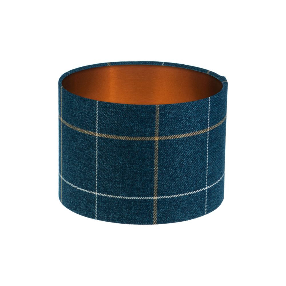 Winsford Navy Blue Tartan Drum Lampshade Brushed Copper Inner