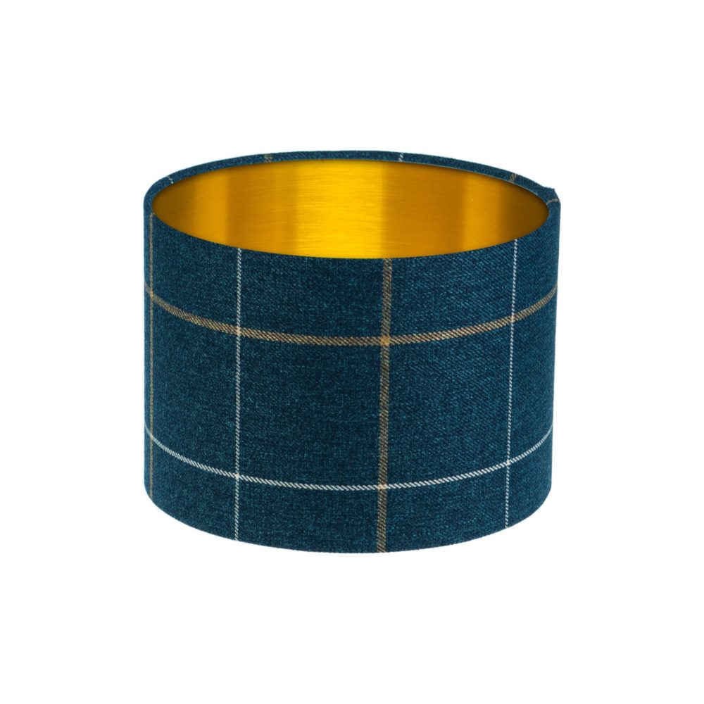 Winsford Navy Blue Tartan Drum Lampshade Brushed Gold Inner