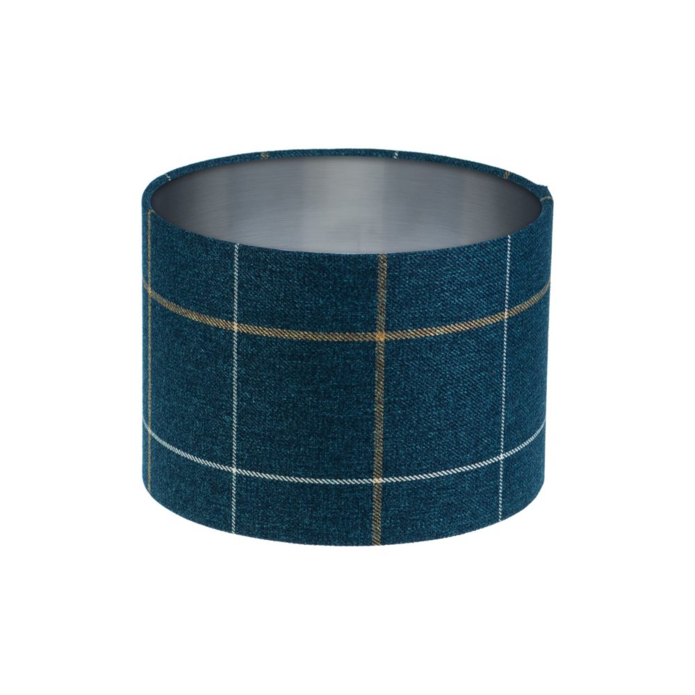 Winsford Navy Blue Tartan Drum Lampshade Brushed Silver Inner