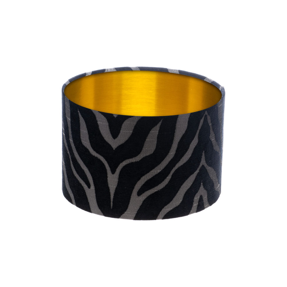 Tiger Stripe Black Grey Drum Lampshade Brushed Gold Inner