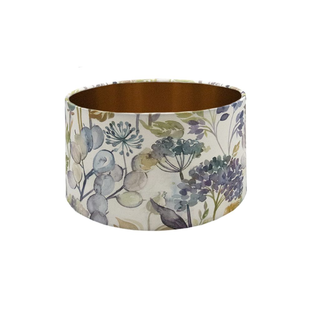 Voyage Hedgerow Sky Blue Floral Drum Lampshade Brushed Copper Inner