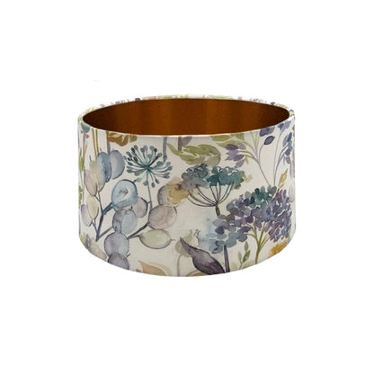 Voyage Hedgerow Sky Blue Floral Drum Lampshade Brushed Copper Inner
