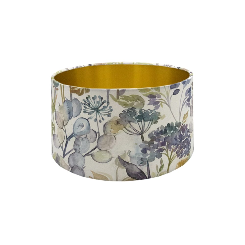 Voyage Hedgerow Sky Blue Floral Drum Lampshade Brushed Gold Inner