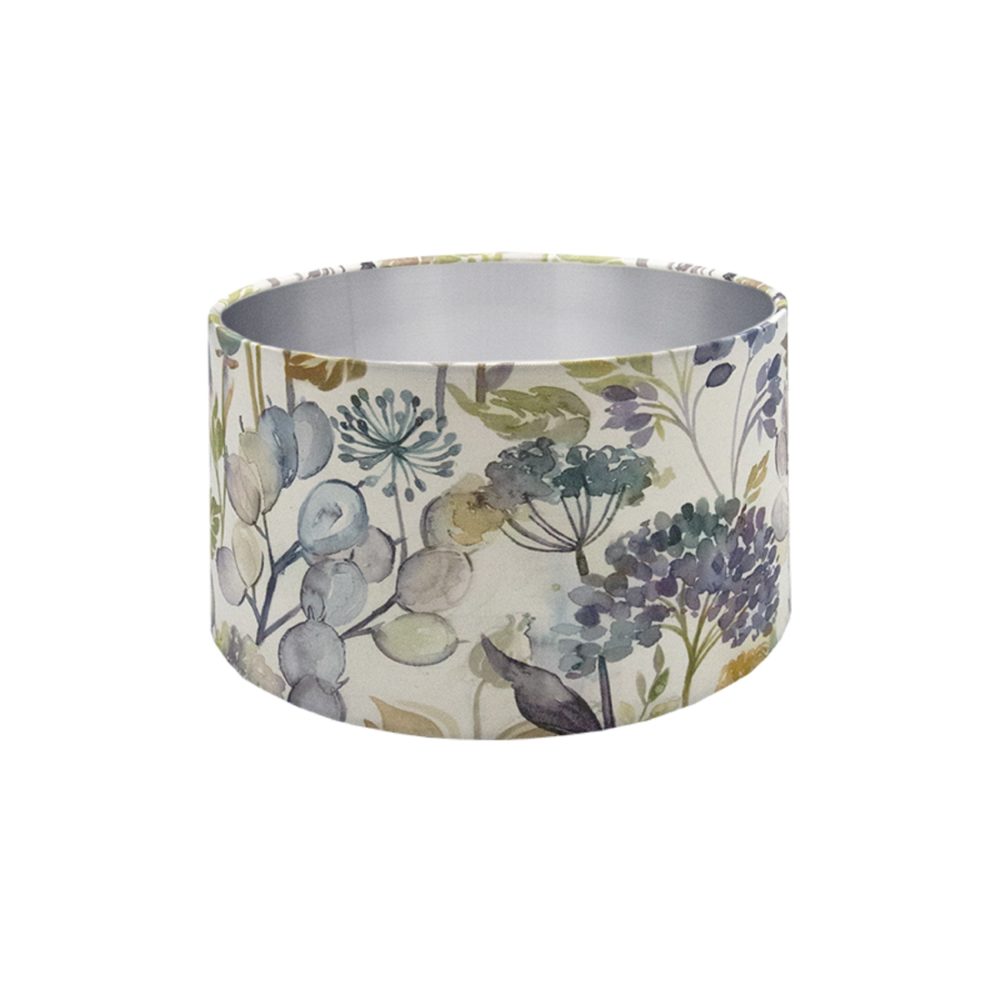 Voyage Hedgerow Sky Blue Floral Drum Lampshade Brushed Silver Inner