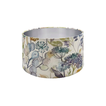 Voyage Hedgerow Sky Blue Floral Drum Lampshade Brushed Silver Inner