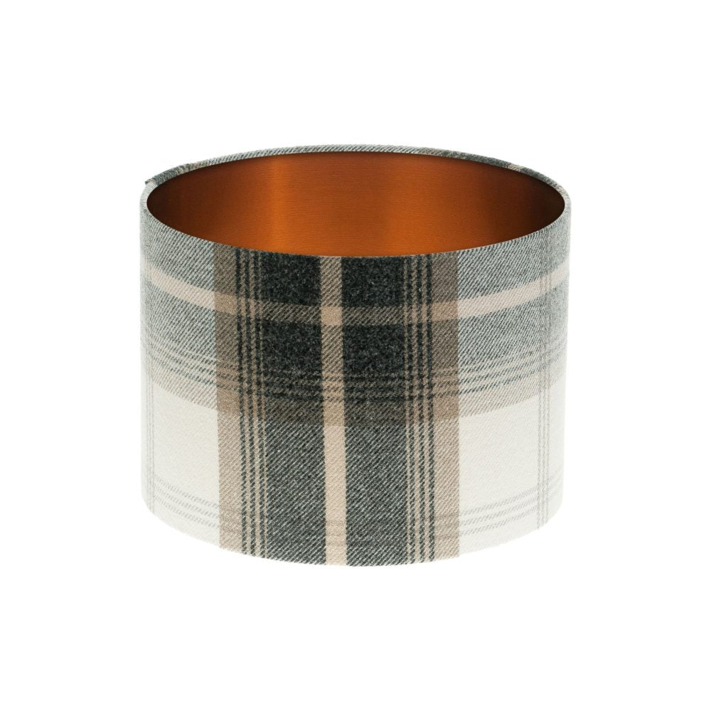 Balmoral Charcoal Tartan Drum Lampshade Brushed Copper Inner