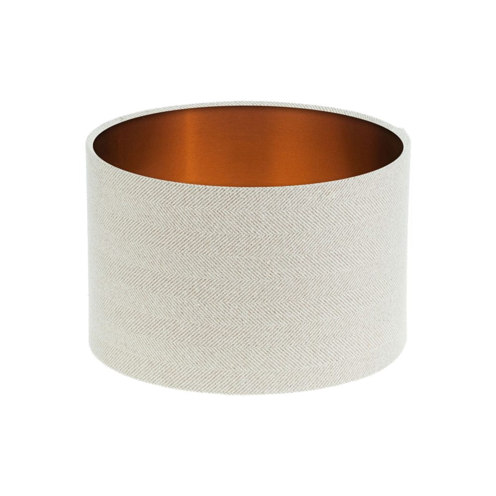 Cream Herringbone Tweed Drum Lampshade Brushed Copper Inner