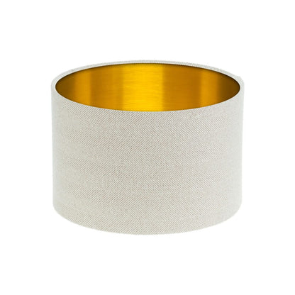 Cream Herringbone Tweed Drum Lampshade Brushed Gold Inner