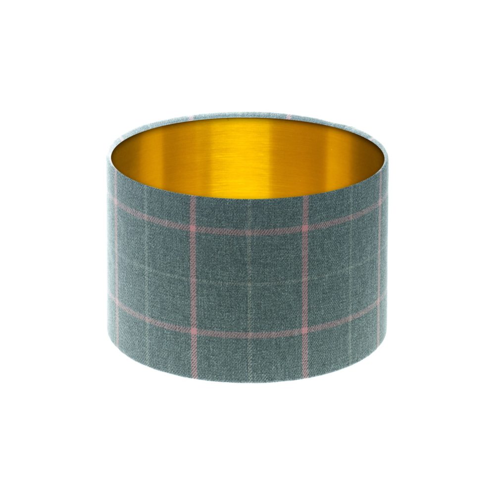 Exford Grey Pink Tartan Drum Lampshade Brushed Gold Inner