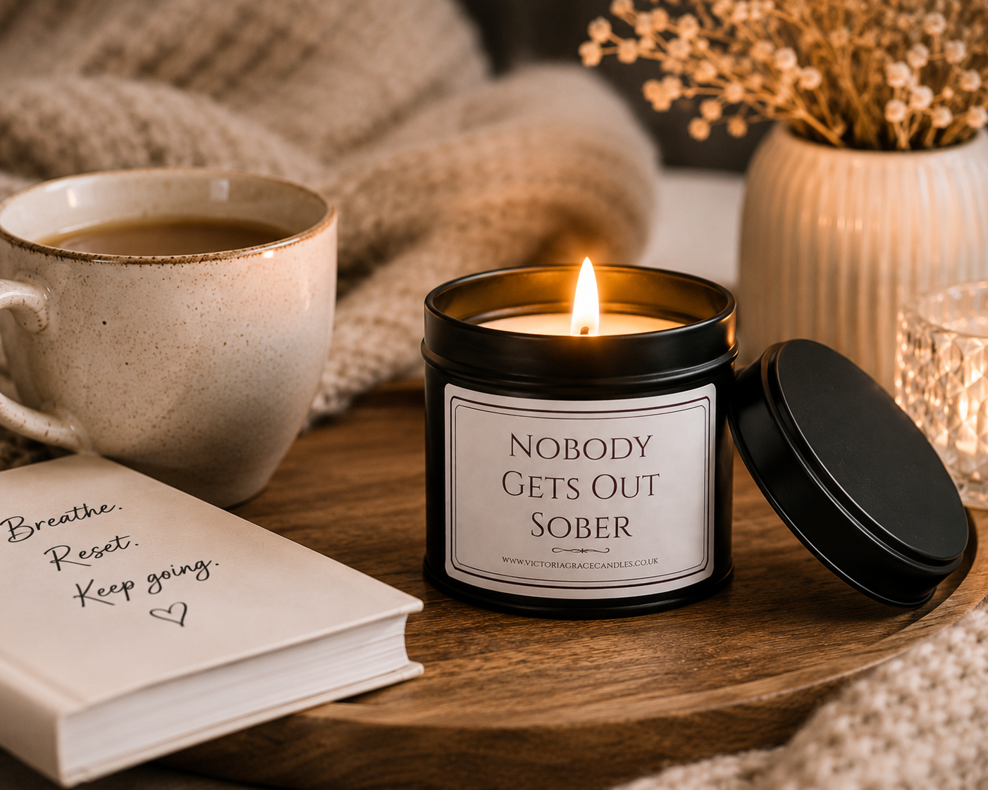 A lit black candle jar with a white label reading 'NOBODY GETS OUT SOBER' sits on a wooden tray beside a mug of coffee, a notebook, and cozy neutral-toned decor.