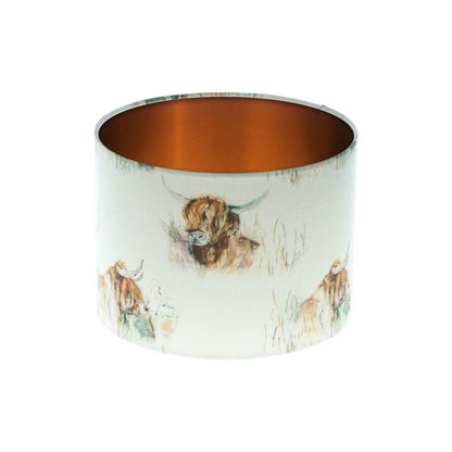 Highland Cattle Drum Lampshade Brushed Copper Inner