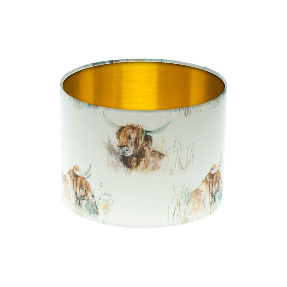 Highland Cattle Drum Lampshade Brushed Gold Inner