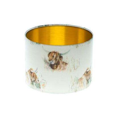 Highland Cattle Drum Lampshade Brushed Gold Inner