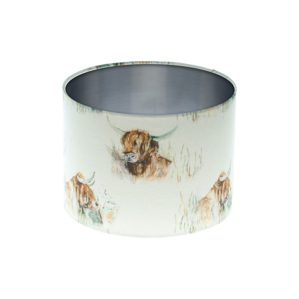 Highland Cattle Drum Lampshade Brushed Silver Inner