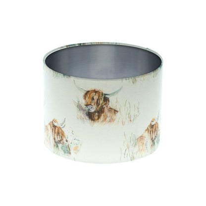 Highland Cattle Drum Lampshade Brushed Silver Inner